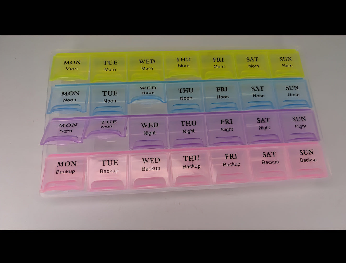 7 Day Weekly Pill Organizer Box - 4 Times a Day Medicine Reminder Case with Morning, Noon, Night & Backup Compartments | Colorful Medication Dispenser for Vitamins & Supplements