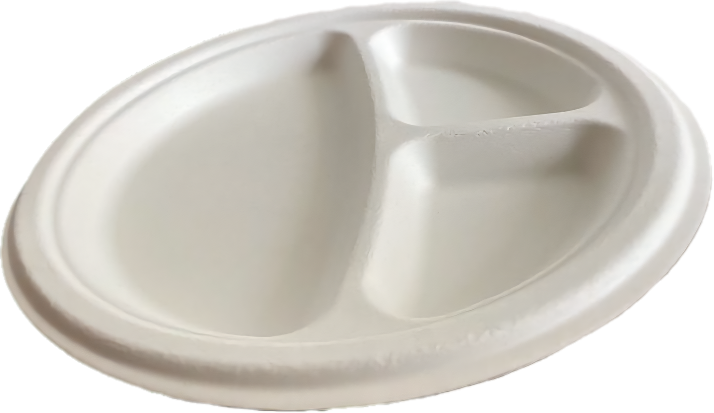 9 inch 3cp tray, 3-compartment bagasse plate, eco-friendly thali tray, compostable dinner plate, biodegradable catering tray, sustainable party plate, microwave safe compartment tray, plastic-free meal tray