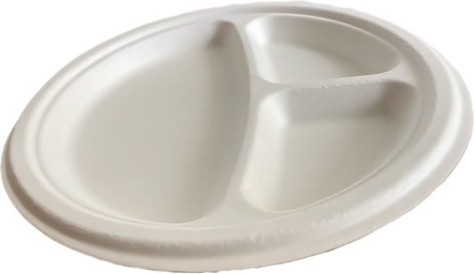 9 inch 3cp tray, 3-compartment bagasse plate, eco-friendly thali tray, compostable dinner plate, biodegradable catering tray, sustainable party plate, microwave safe compartment tray, plastic-free meal tray