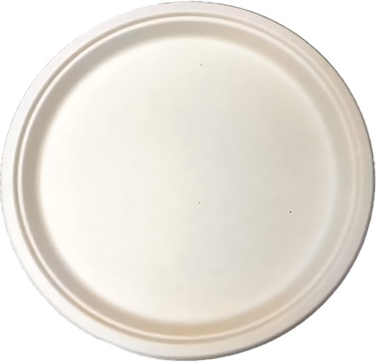 7 inch round bagasse plate, eco-friendly disposable plate, biodegradable sugarcane plate, compostable tableware, sustainable catering plate, green party supplies, microwave safe eco plate



