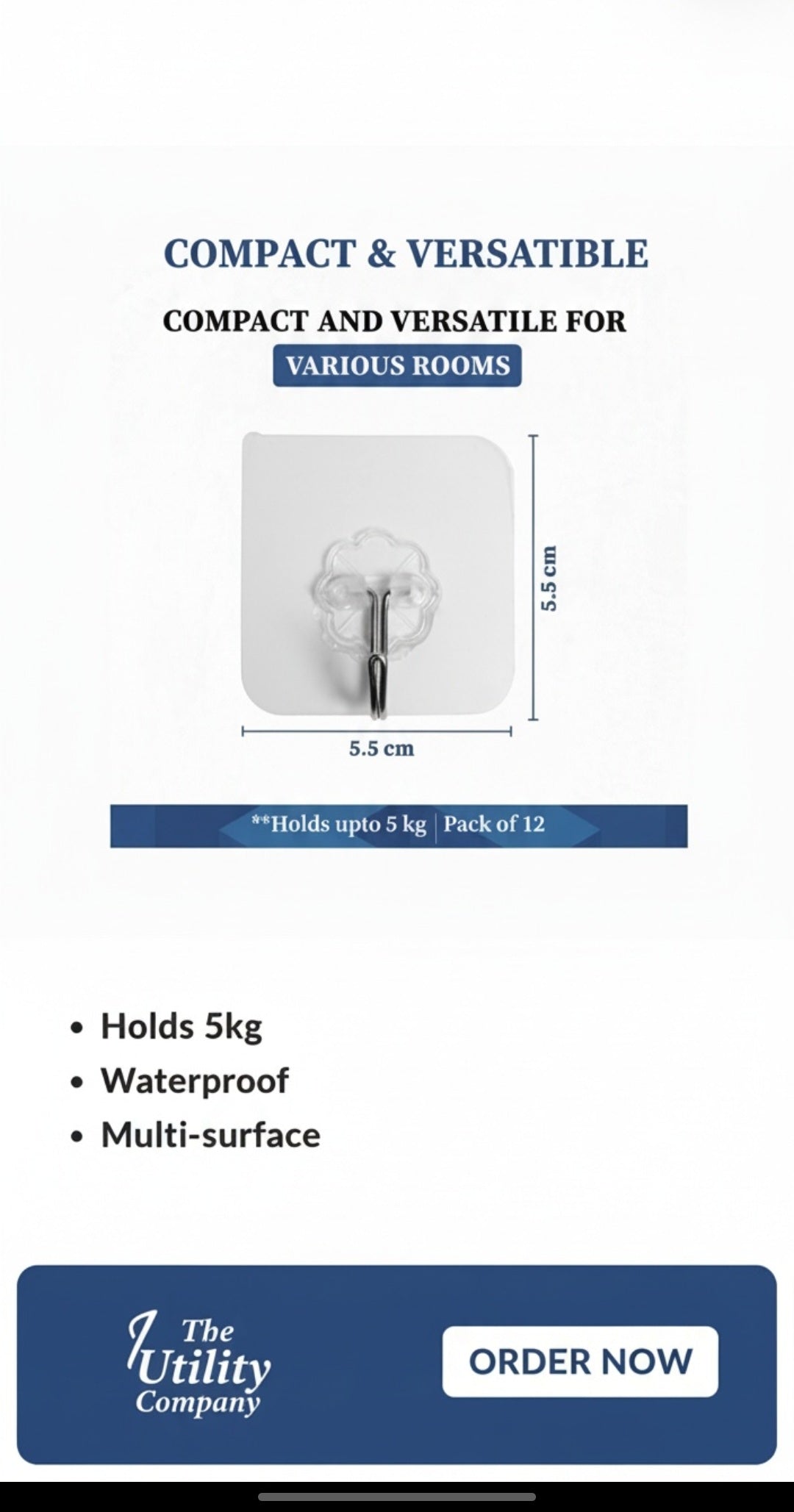 Adhesive Wall Hooks - No Drill Self-Adhesive Organizer Hooks for Kitchen, Bathroom & Home - Pack of 12 (Holds up to 5kg)