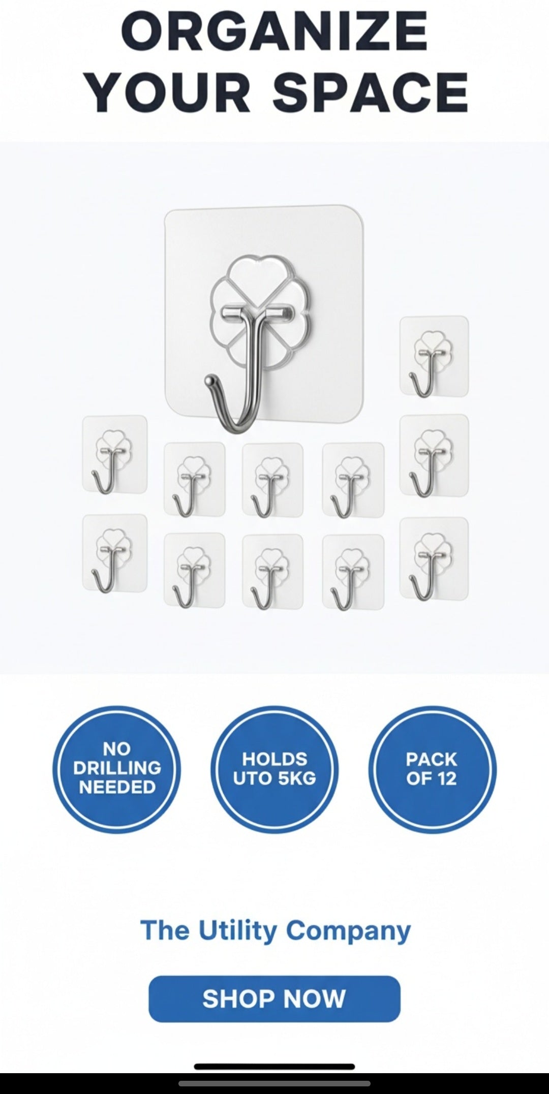 Adhesive Wall Hooks - No Drill Self-Adhesive Organizer Hooks for Kitchen, Bathroom & Home - Pack of 12 (Holds up to 5kg)