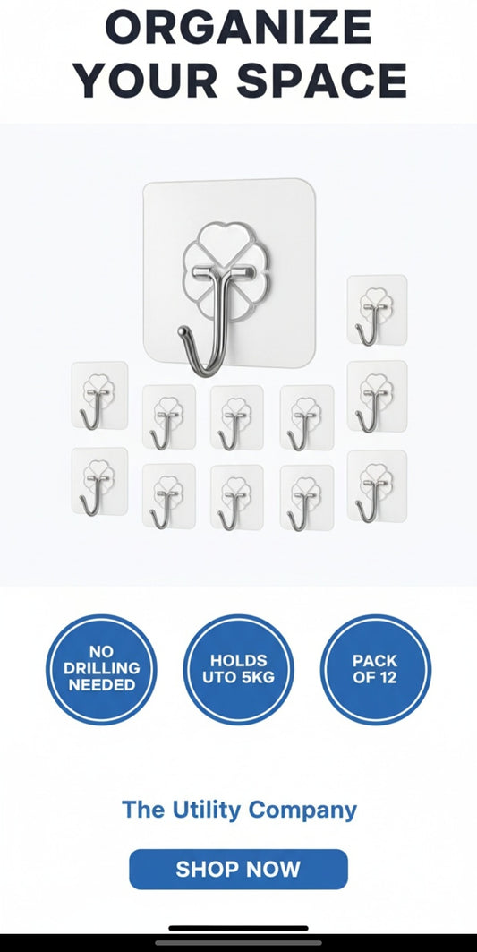 Adhesive Wall Hooks - No Drill Self-Adhesive Organizer Hooks for Kitchen, Bathroom & Home - Pack of 12 (Holds up to 5kg)