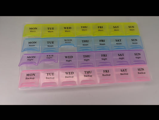7 Day Weekly Pill Organizer Box - 4 Times a Day Medicine Reminder Case with Morning, Noon, Night & Backup Compartments | Colorful Medication Dispenser for Vitamins & Supplements